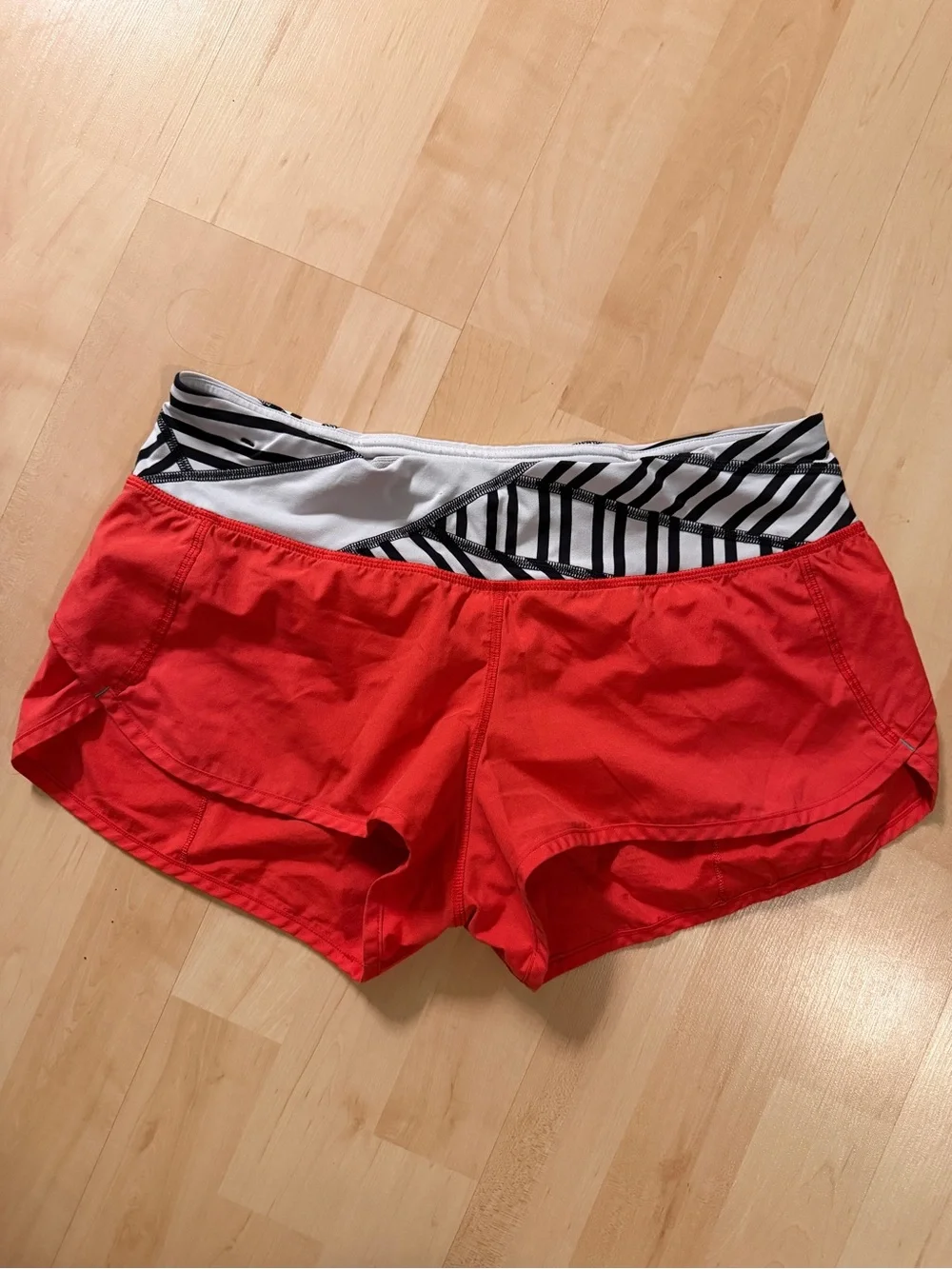lululemon athletica Coral Athletic Shorts with Black & White Striped Waistband